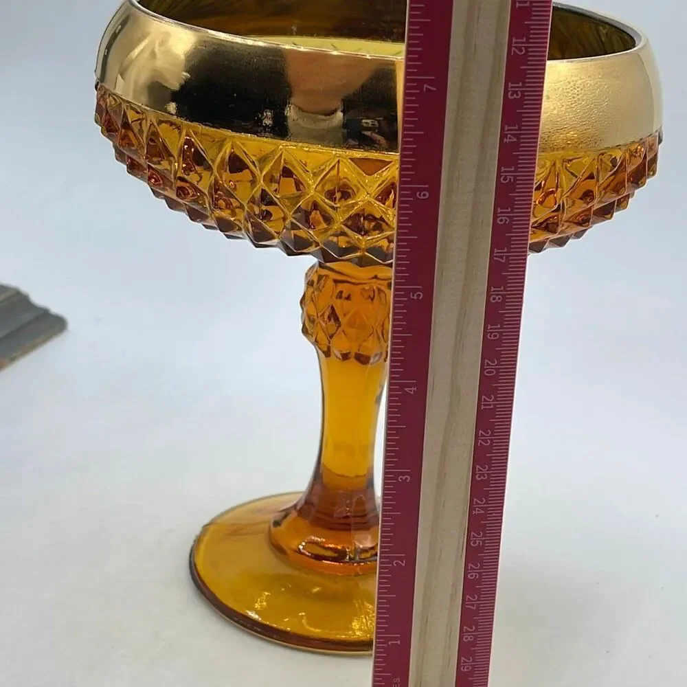 Vintage Indiana glass amber compote bowl diamond pattern pedestal